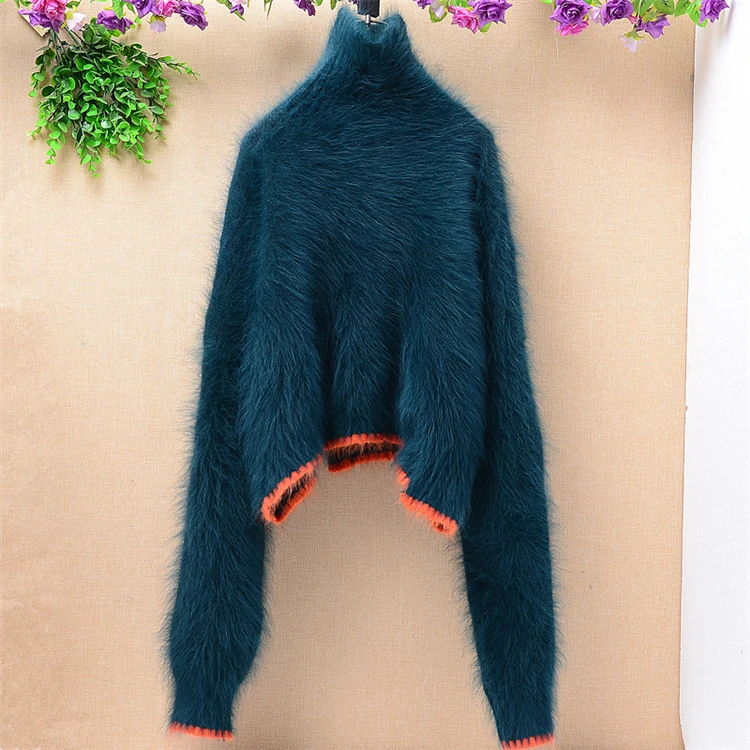 

Ladies Women Fall Winter Clothing Hairy Short Style Crop Top Mink Cashmere Knitted Turtleneck Loose Pullover Sweater Pull Jumper
