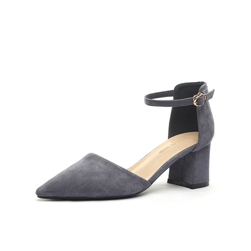 gray6cm Обувь; женские туфли-лодочки из искусственной замши и флока с ремешком на щиколотке на высоком квадратном каблуке; женские элегантные босоножки с острым носком; свадебные туфли на каблуке - Цвет: gray6cm
