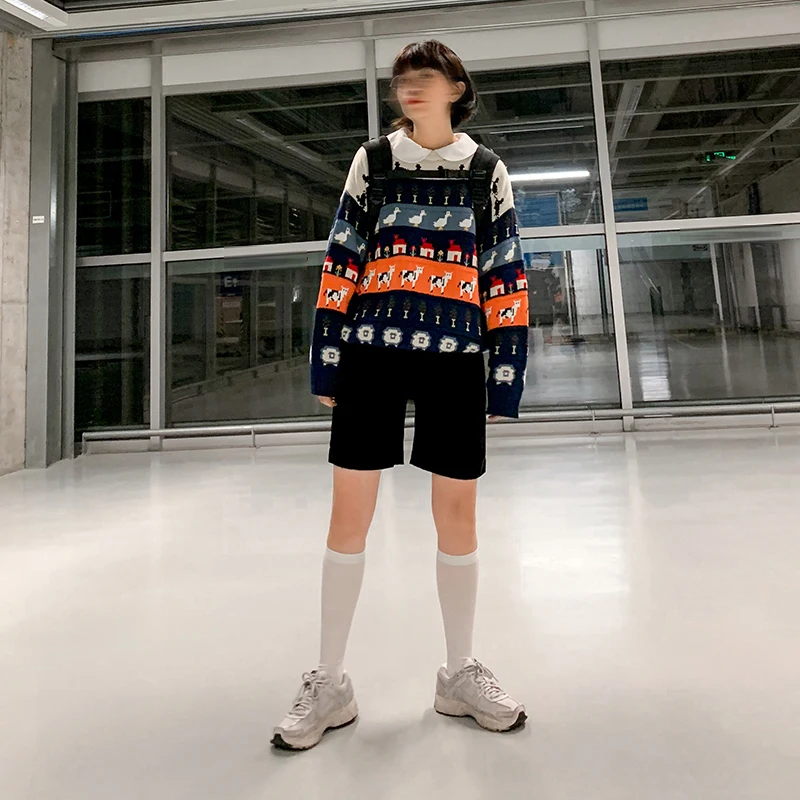 Autumn Japan Vintage Women Winter Pullover Sweater Animal Jacquard Ladies Loose Knitted Jumpers Thick Warm Long Sleeve | Женская одежда