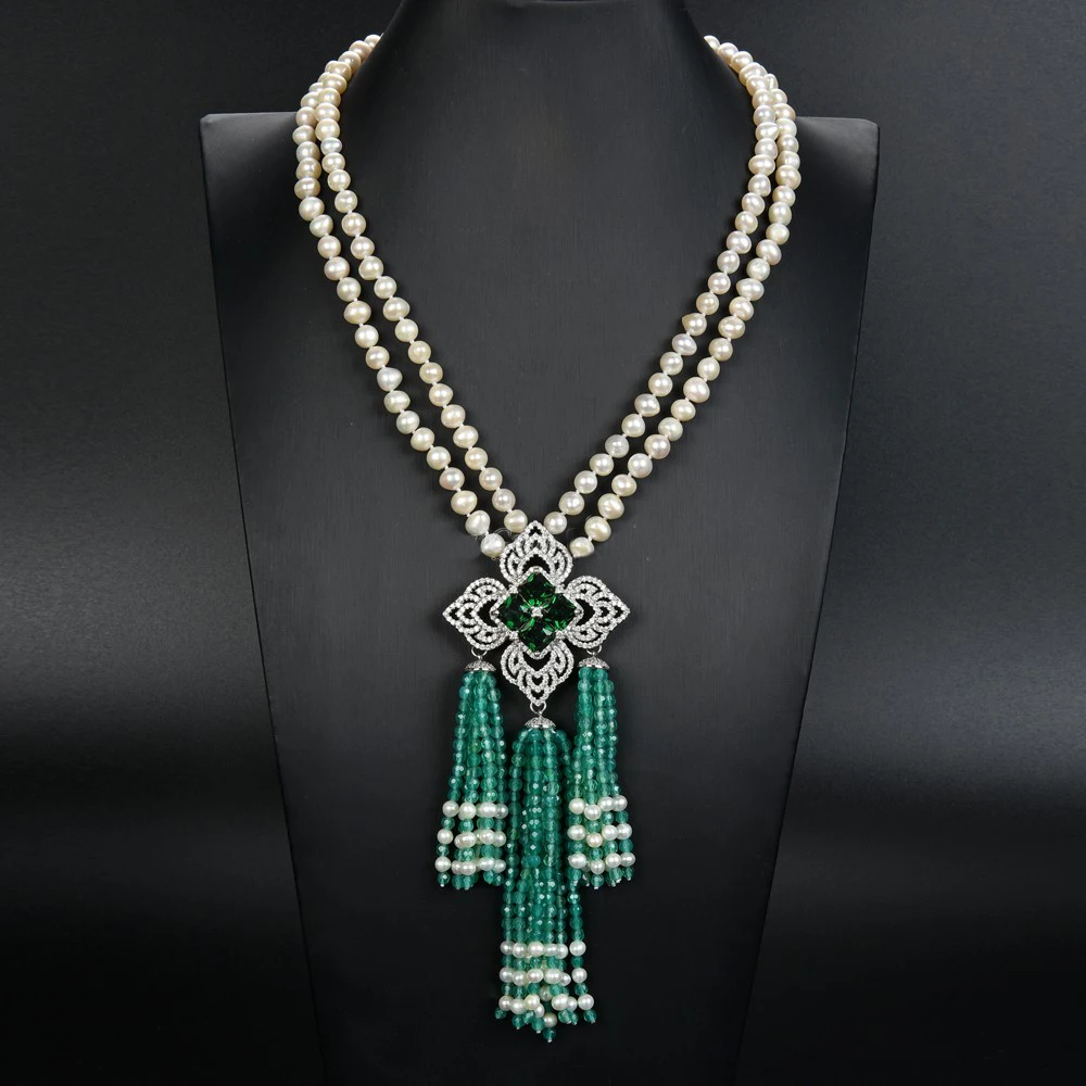 

20'' 2 Strands White Pearl Necklace Green Agate Cz Pave Pendant