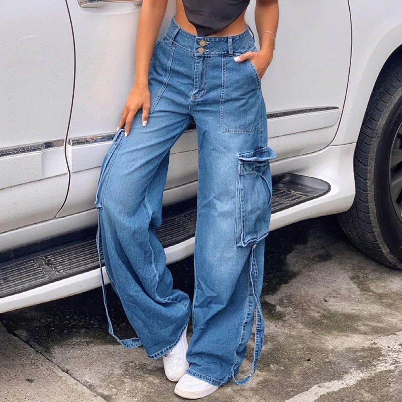 

IAMSURE Loose Pockets Jeans Casual High Waisted Trousers Women Wide Leg Pants Cool Long Cargo Pants 2021 Fashion Streetwear 90S