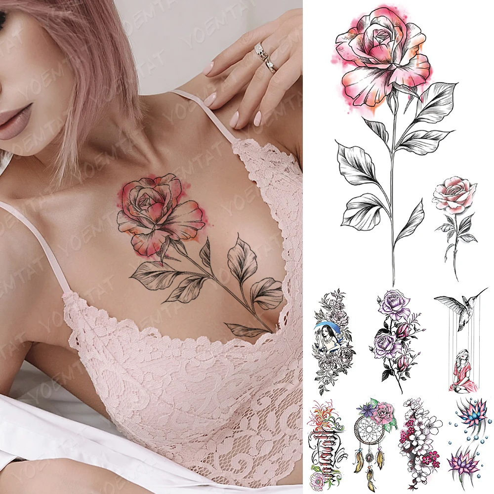 

Waterproof Temporary Tattoo Sticker Line Rose Flowers Flash Tattoos Dreamcatcher Bird Lotus Body Art Arm Fake Sleeve Tatoo Women