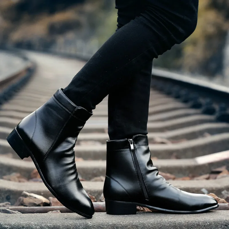 

Men Winter Boots PU Leather Chelsea Boots Shoes Warm Shoes Fashion Zipper Booties Mens Ankle Boots Black Booties A1-181