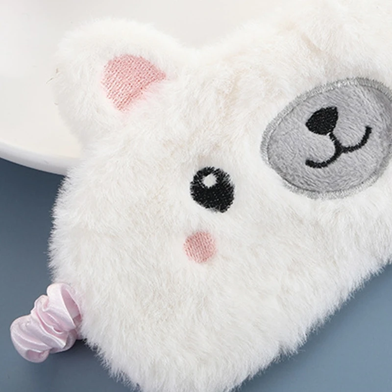 

Women Fluffy Plush Sleeping Eye Mask Cute Cartoon Animal Embroidered Satin Lined Eyeshade Cover Travel Nap Blindfold
