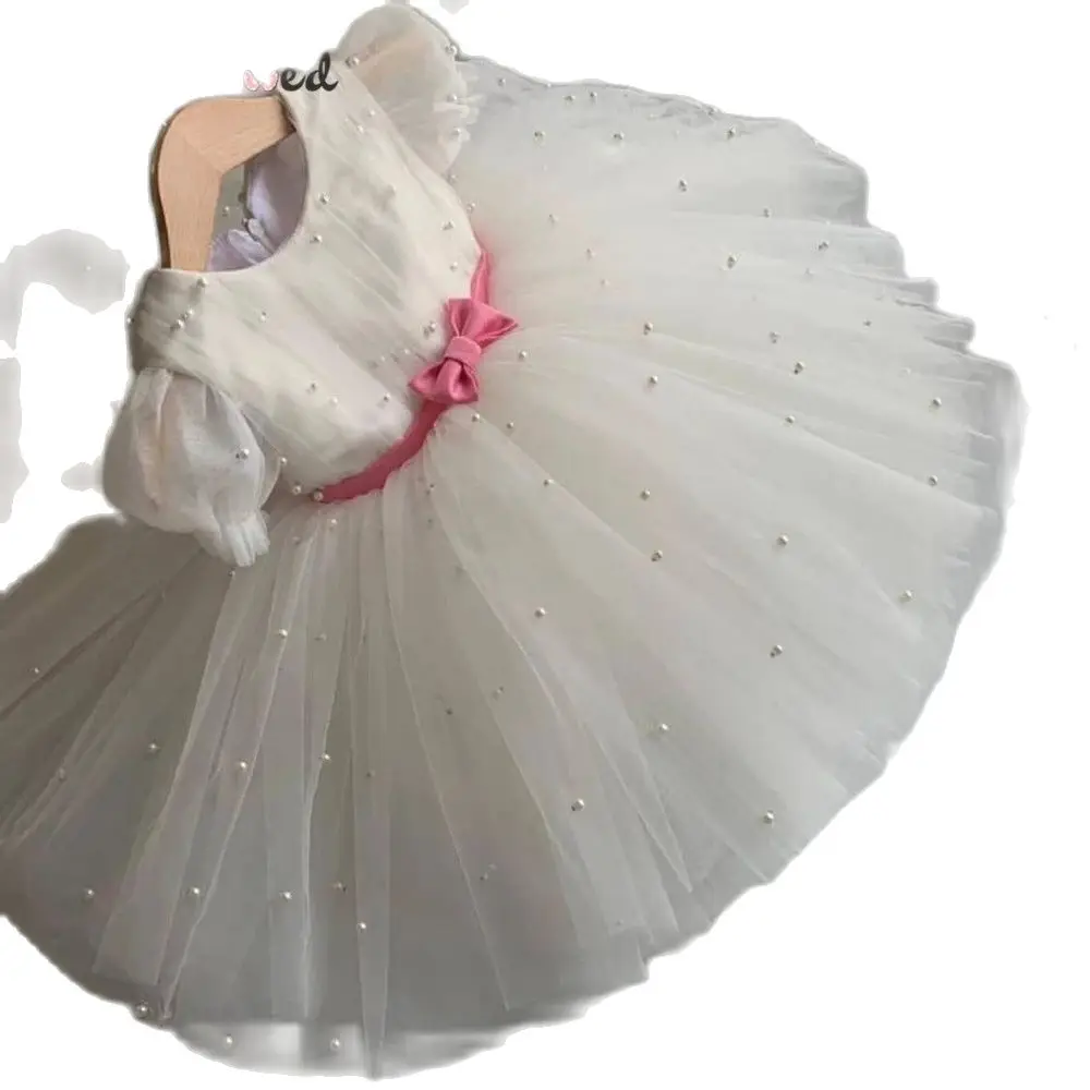 

Puff Sleeve Girl Princess Dress Pearls Pink Bow Belt Flower Girl Dresses 2020 Simple Girl Wedding Party Dress White