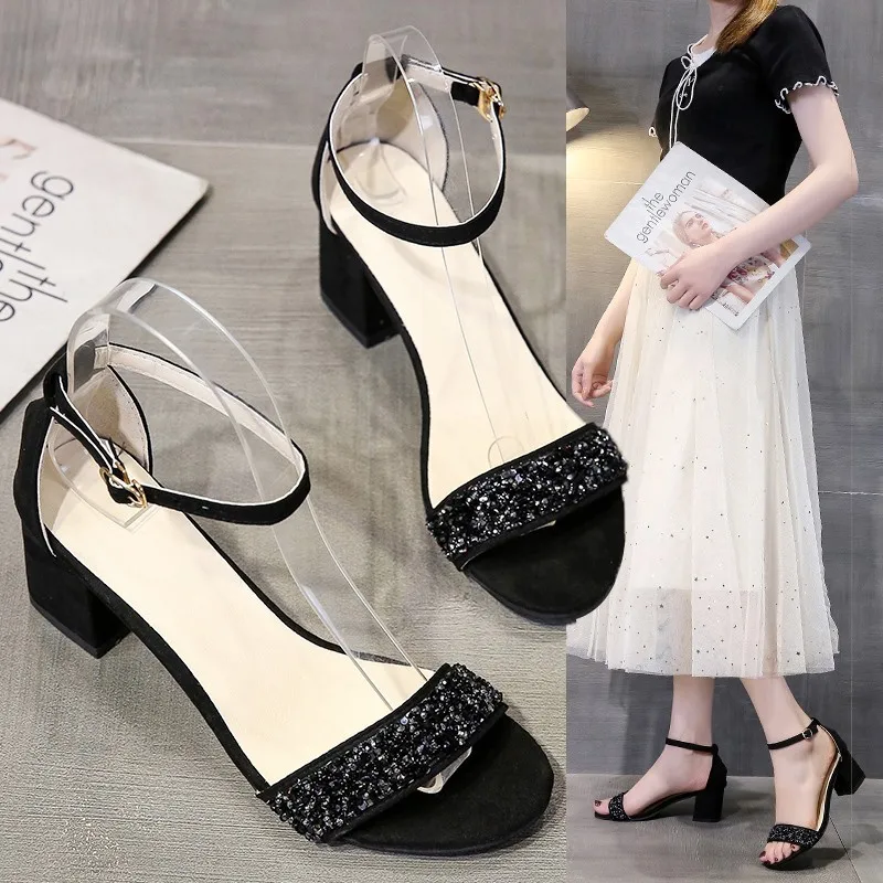 

2021 Summer Roman Sandals Velvet Shoes Buckle Clear Heels Suit Female Beige Gladiator Suede New Comfort High Black Low Girls Str