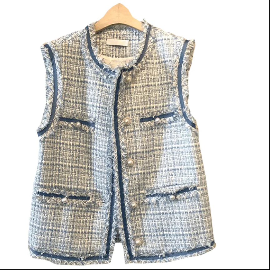 New Spring Fall Small Fragrance Women's Vest Jacket Pearl Button Elegant Tassel Tweed Coat Lady's Woolen Waistcoat | Женская