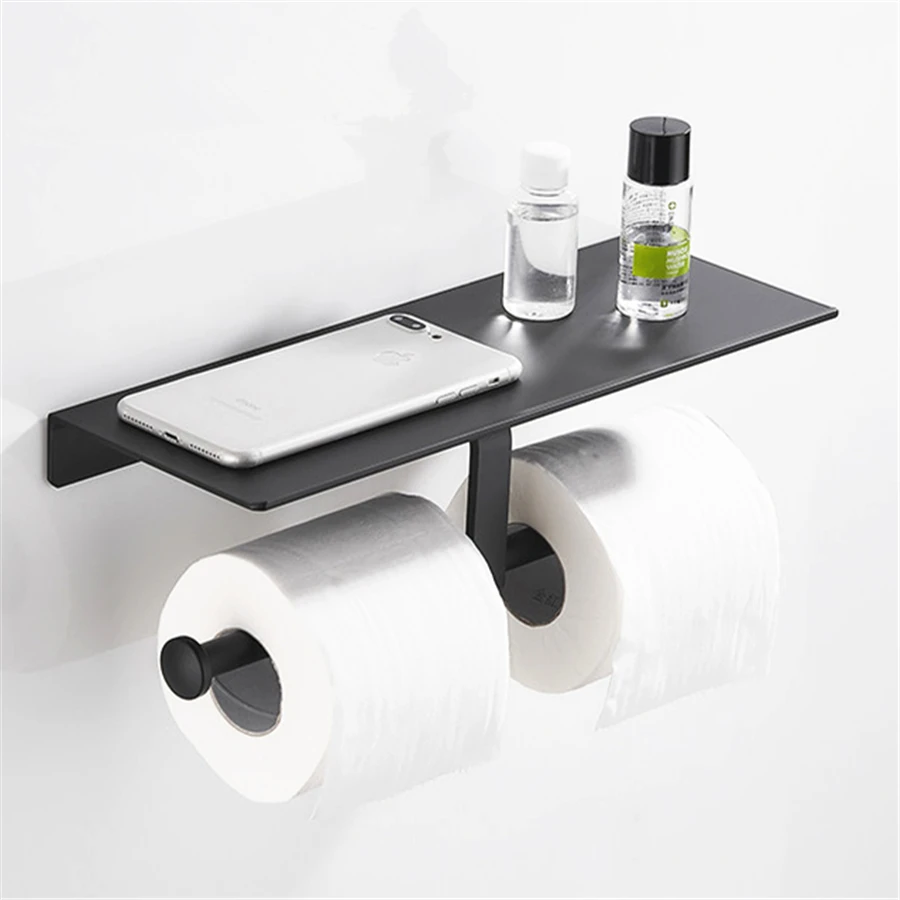 

Bathroom Black Double Paper Holder Wall Mounted Phone Rack Toilet Tissue Shelf Bathroom Accessories Paper Towel Dispenser