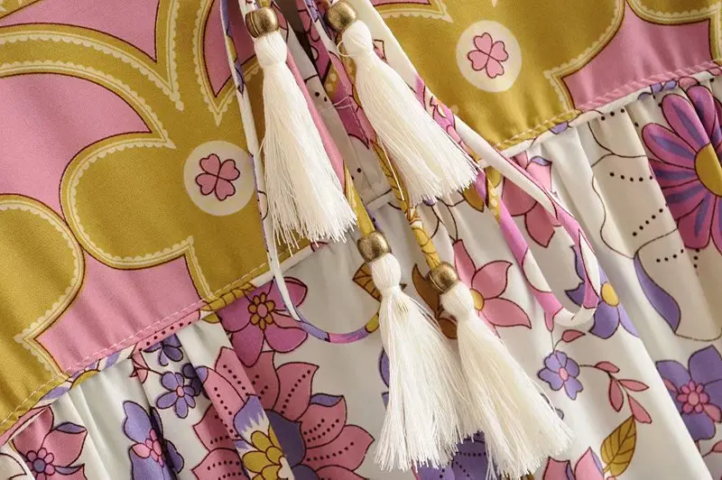 Boho королев для женщин с цветочным принтом Длинные Рукава Кисточкой оборками