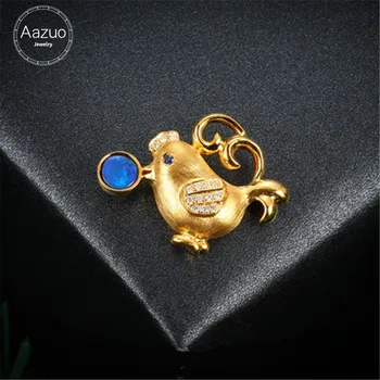 Aazuo 18K Yellow Gold Natural Blue Opal Sapphire Real Diamond Animal Chicken Pendent With Chain Gifted for Women Valentine's Day