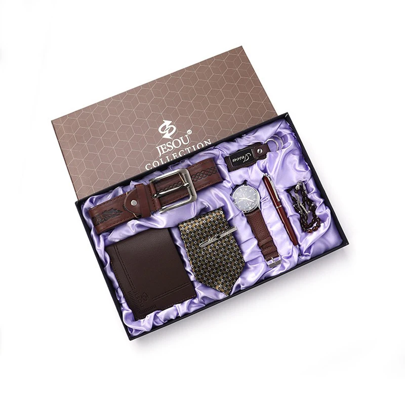 

Men watches luxury brand watches men Gifts for men 7pcs/set boutique gift set watch belt wallet Keychain Tie Rosary Bracelet Pen