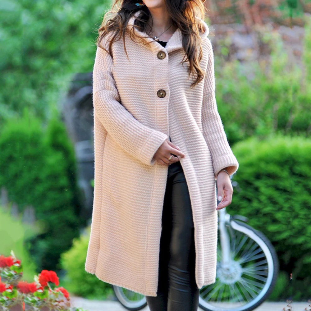 

Women Autumn Winter Solid Color Button Cardigan Sweater Midi Hooded Coat Outwear