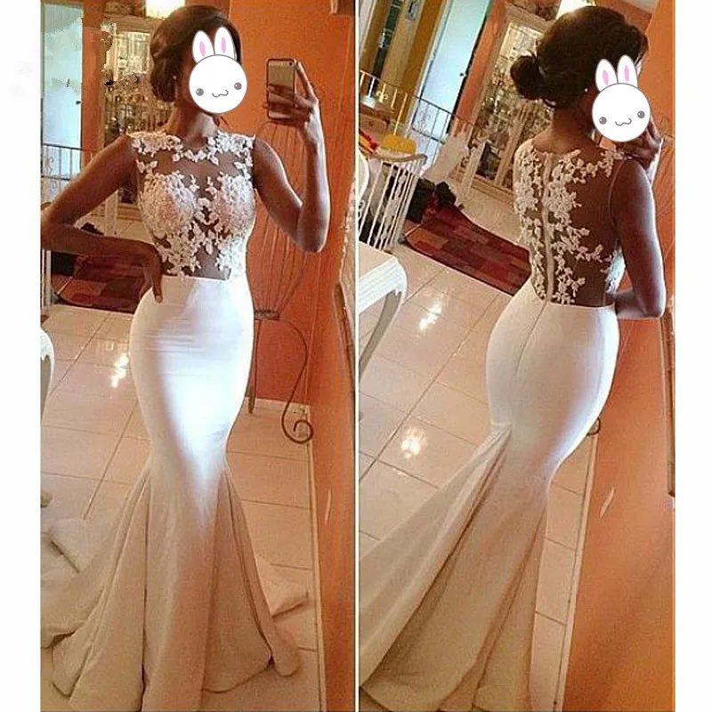 

Illusion 2019 Mermaid Evening Dresses with Appliques Sleeveless O-Neck Zipper White Prom Dresses Prom Party Dress Evening Dress