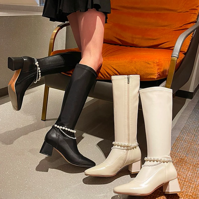 

Knee-High Chunky Chelsea Women Boots 2022 Winter Designer Platform Chain Fashion Snow Botas Shoes New Mid Heels Warm Goth Mujer