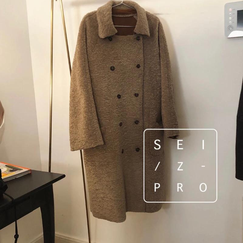 

Double Wear Jackets Women Winter Long Double Breasted Faux Lamb Wool Shearling Coats Loose Plus Size Fake Suede Leather Outwear