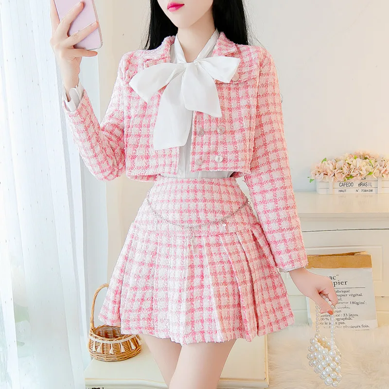 

Autumn Winter Small Fragrance Tweed Two Piece Set Women Crop Top Short Jacket Coat + Mini Skirts Sets Korean Sweet 2 Piece Suits