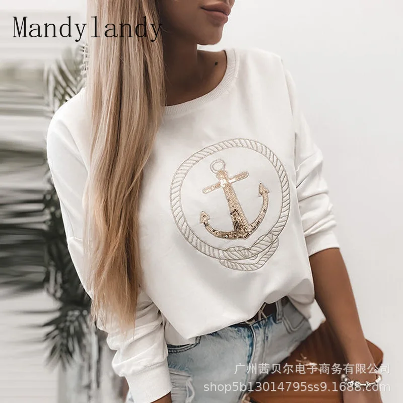 

Mandylandy Sweatshirt Women's Casual Long Sleeve O-Neck Solid Color Pullover Sweater Autumn Fashion Sequins Loose Sweatshirt