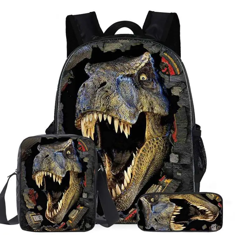 Комплект из 3 предметов холщовый рюкзак с рисунком динозавра T rex|Школьные ранцы| |