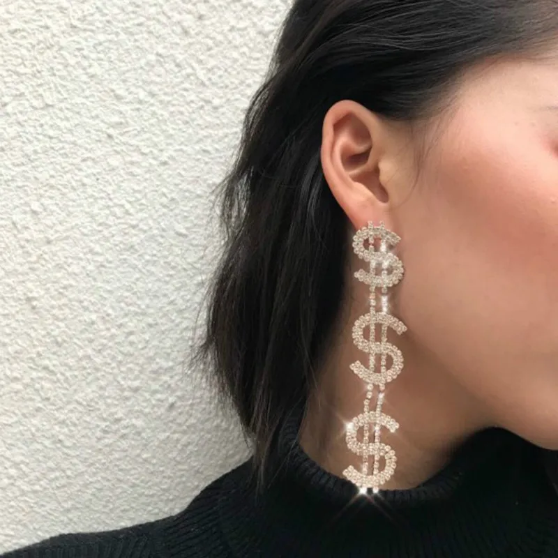 

Hip Hop Earrings Dollar Sign Drop Earrings For Women Trendy Crystal Gold Dangle Earrings 2020 Women's Hip Hop Punk Jewelry