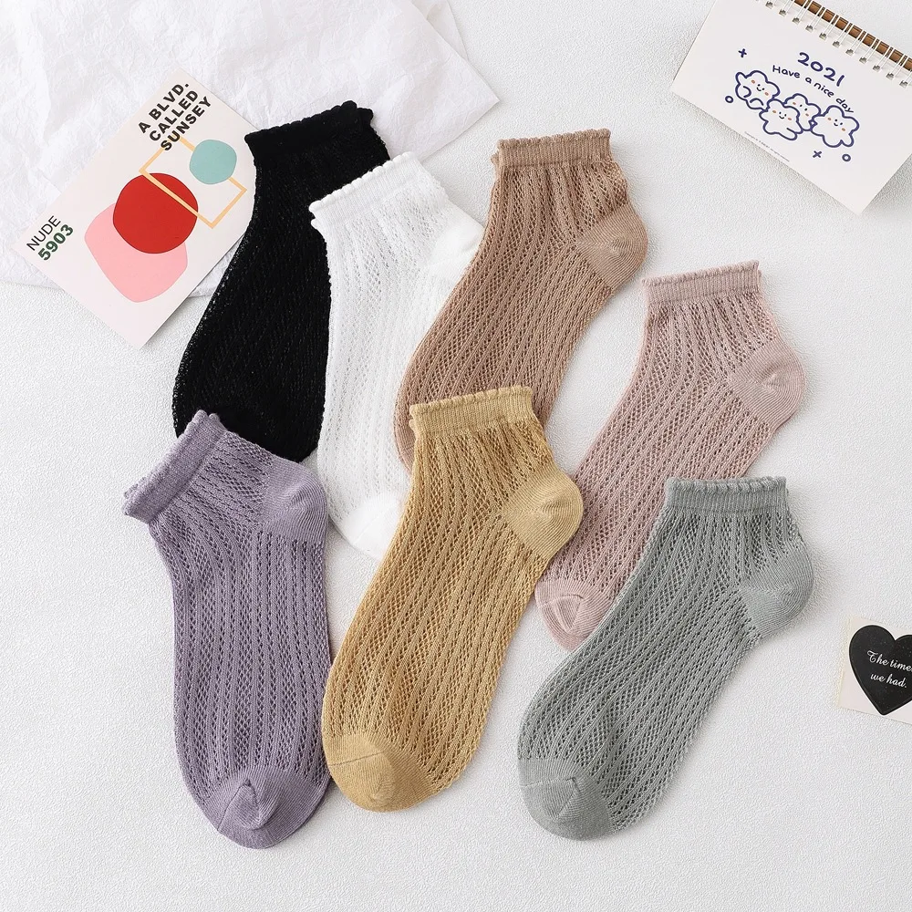 New Sweet Girls Socks 7 Pairs Summer Thin Kawaii Mesh Breathable Low Tube Socks Cotton Bubble Mouth Solid Casual Short Socks