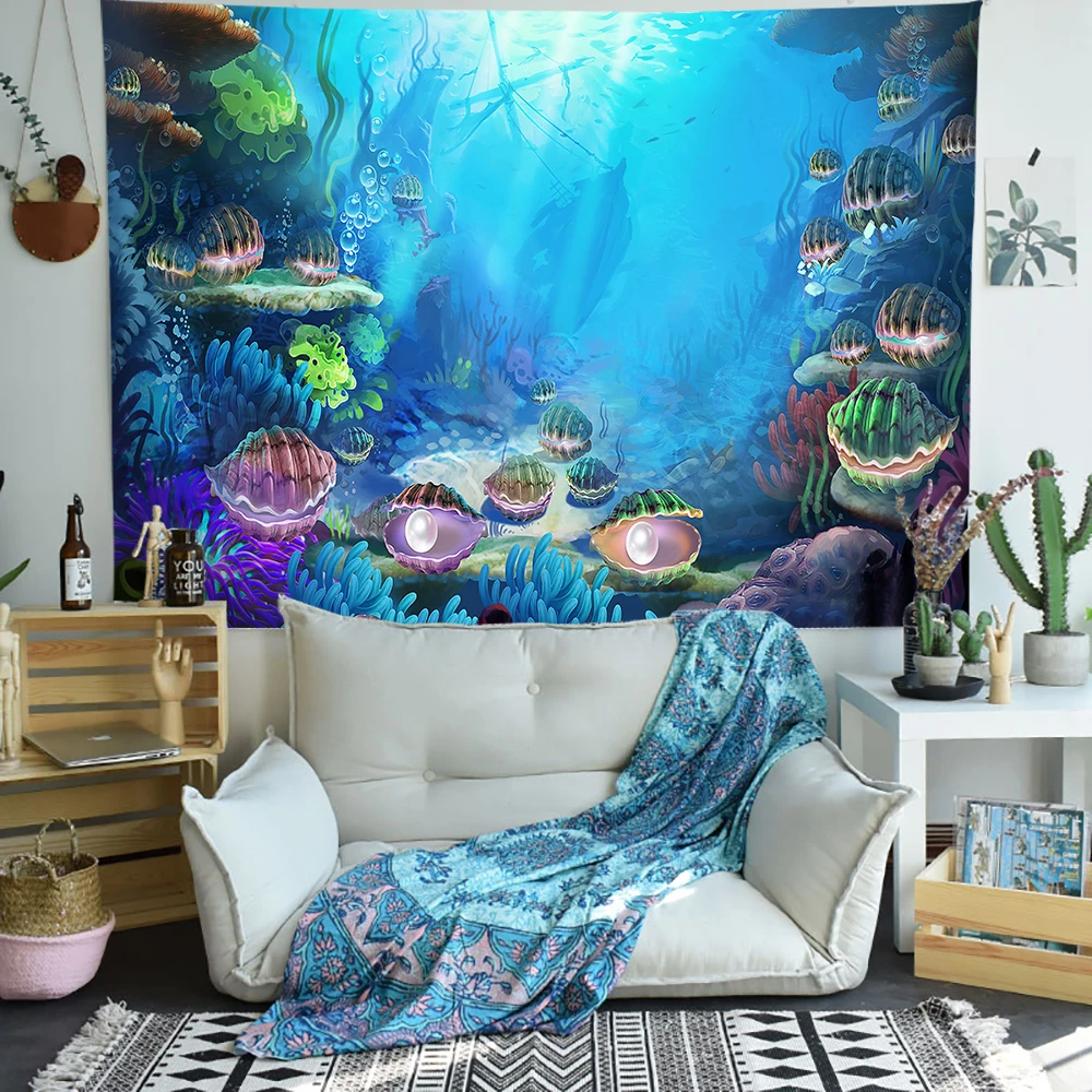 

Underwater World Tapestry Pearl Jellyfish Sea Art Wall Hanging Tapestries for Living Room Bedroom Home Dorm Decor
