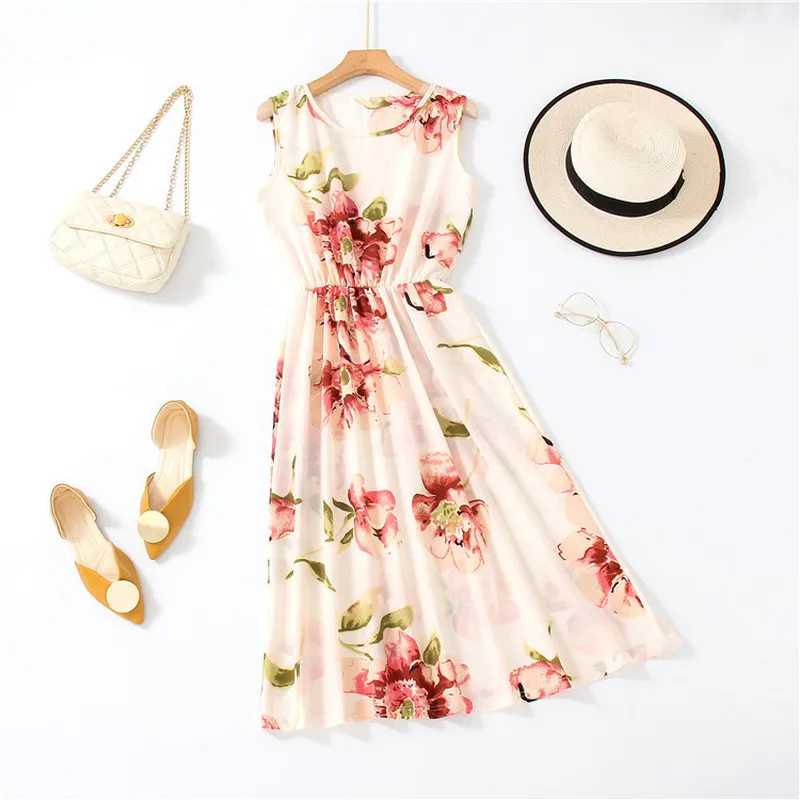 

Chiffon Floral Mini Dress Summer Boho Vintage Party Sexy Dresses Casual Sweet Beach Clothing 2020 Elegant Pleated Beach Clothes
