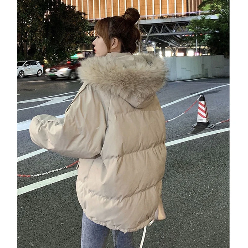 WYWMY Winter Cotton Padded Coat Women Parka Full Sleeve Loose Thicken Warm Outwear Ladies Korean Fashion Fur Collar Solid Jacket