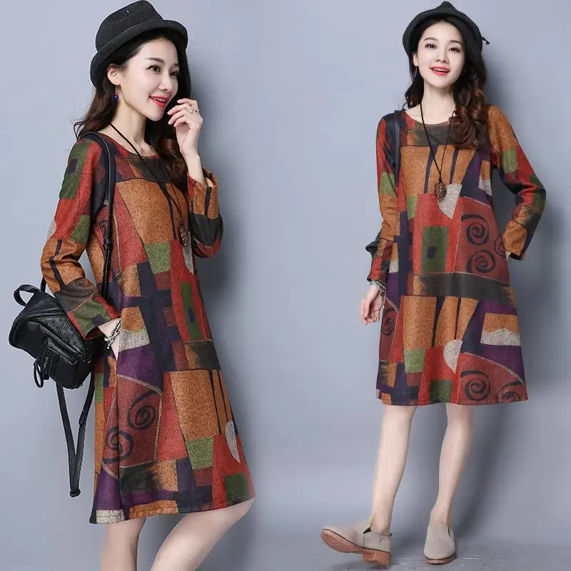 

Women's fat mm round neck skirt 2020autumn new large size printed woolen long-sleeved dress