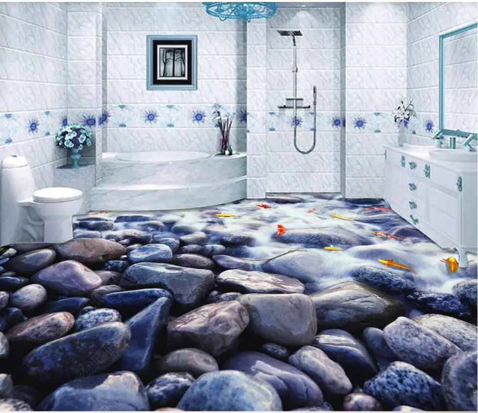 

Custom Picture Self-adhesive 3d Flooring wallpaper Wall Stickers Pebble fish bathroom 3D floor painting wall papers home decor
