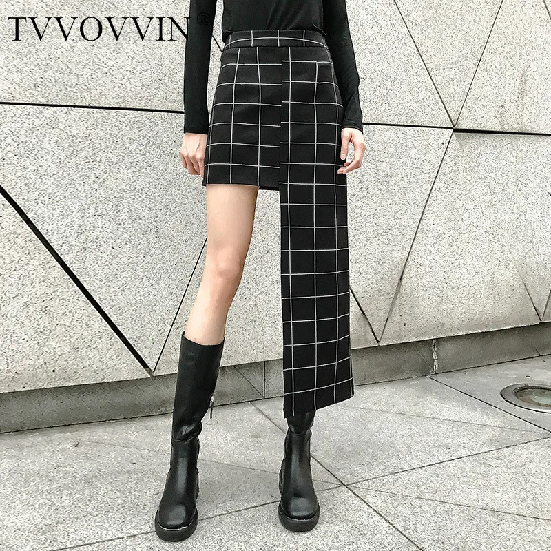 Женская Асимметричная юбка TVVOVVIN черная с высокой талией и принтом в клетку весна