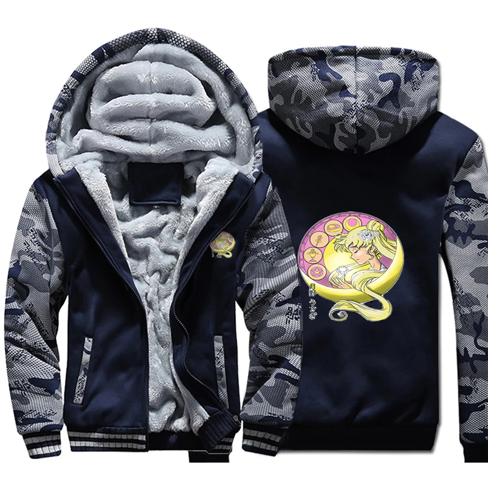 

Anime Japanese Sailor Moon Beautiful Girl Camo Raglan Thick Hoodies Winter Warm Print Sweatshirts Coat Men Fitted Street Jackets