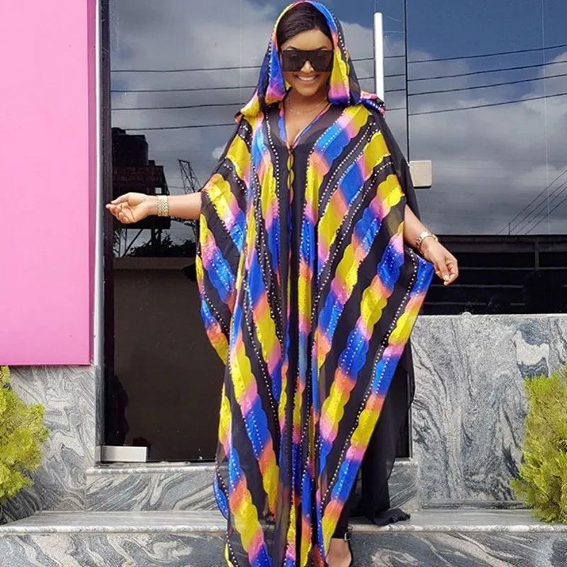 

Loose African Dresses For Women Colorful Stripe Hooded With Bottoming Dress Fashion Beading Elegant Bazin Riche African Clothing