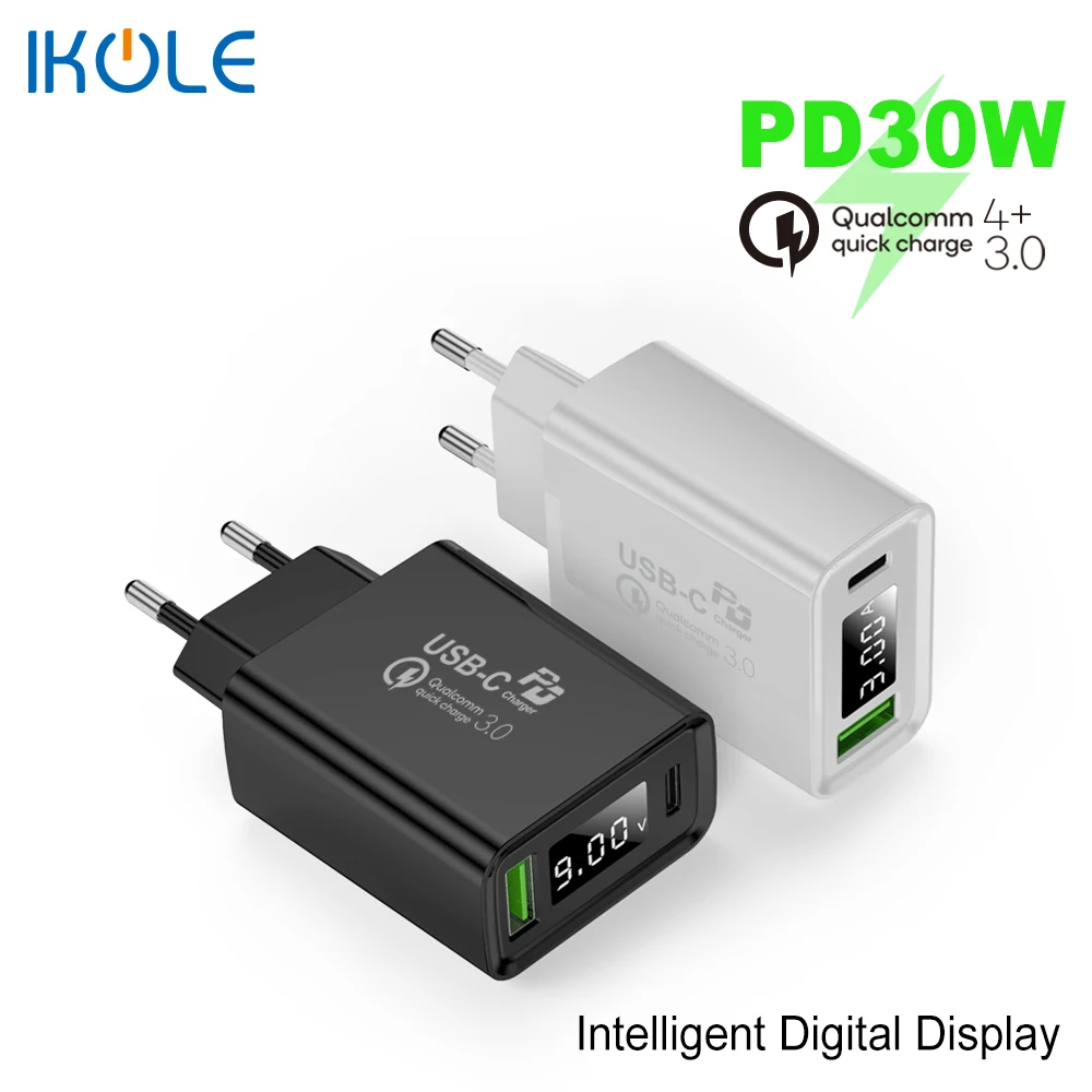 Зарядное устройство IKOLE PD USB 5 А PD30W Type C 20 Вт быстрая зарядка для iPhone 12 11Pro 8 X QC4 + QC3.0