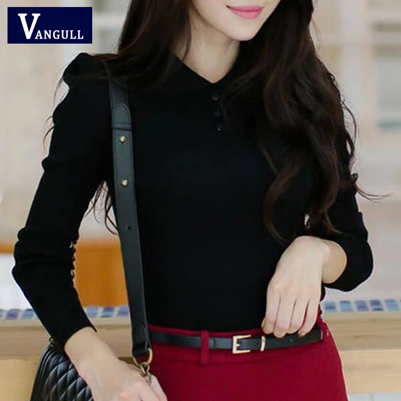 Vangull офисный пуловер тонкий однотонный вязаный отложной воротник женские