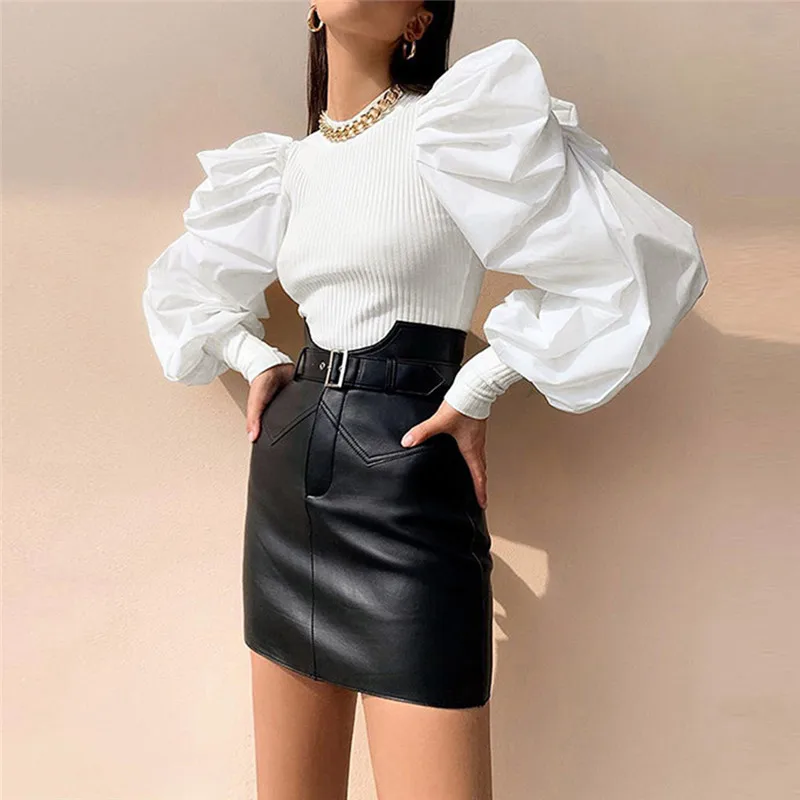 Модная рубашка с рукавами фонариками и рюшами Осенний однотонный топ круглым