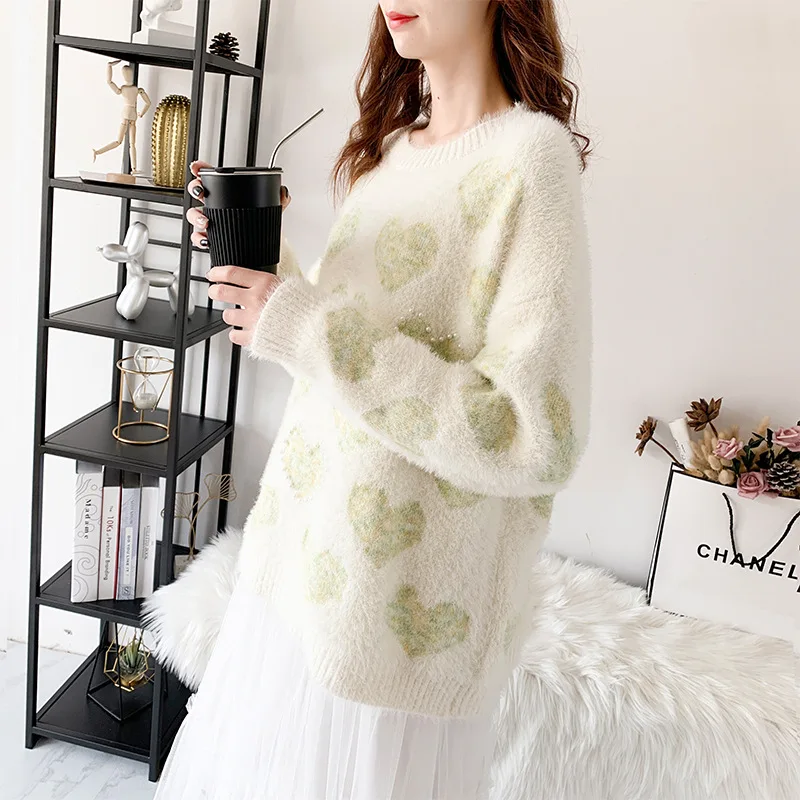 Woman Thicker Sweater 2019 Winter New C.h.i.c Women's Korean Maiden Sweet Cute Japanese Heart Beading Short Pullover Loose Warm | Женская