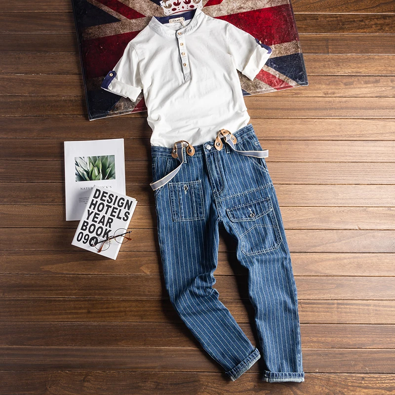 Японский ретро джинсовый комбинезон мужская мода полосатый нагрудник подтяжки