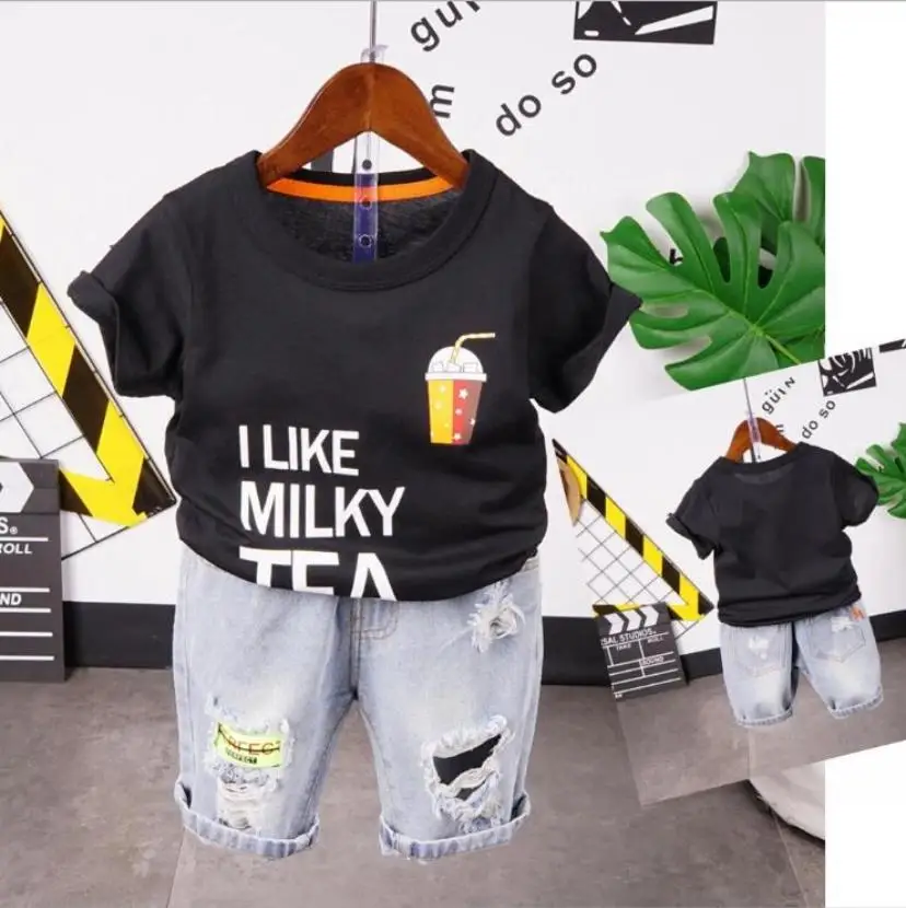 

Children Costume 2022 New Summer Two Piece Set T-shirt + Denim shorts 2-7years Kids Short Sleeve Cartoon Baby Girls Boys Clothes