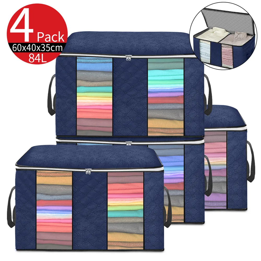 

90L 4pcs/set Clothes Storage Bag Home Organizer Foldable Large Capacity Non-woven Storage Box for Comforters Blankets Bedding