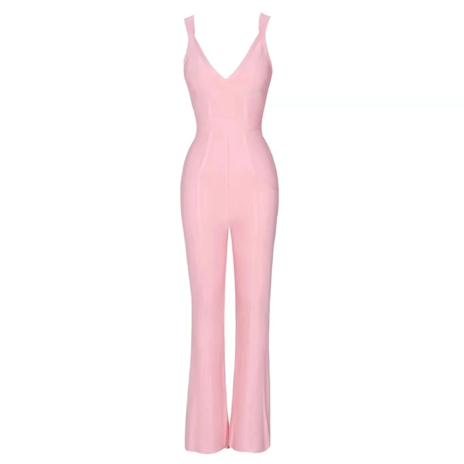 

Ailigou 2020 Summer New Pink Sexy V-Neck High Quality Party Jumpsuit Ladies Fashion Celebrity Party Silk Bandage Jumpsuit