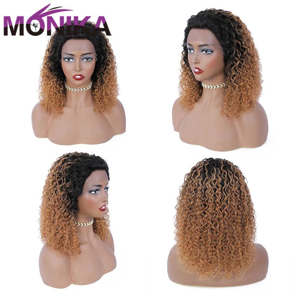 

Monika Peruvian Non-Remy Natural Black Ombre Blonde Color Part Lace Deep Curly Human Hair Wigs For Women Free Shipping