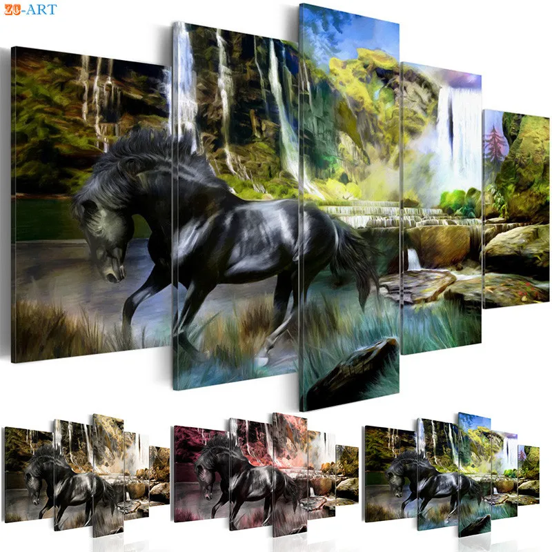 Современный плакат на холсте с изображением лошадей 5 панелей настенная живопись