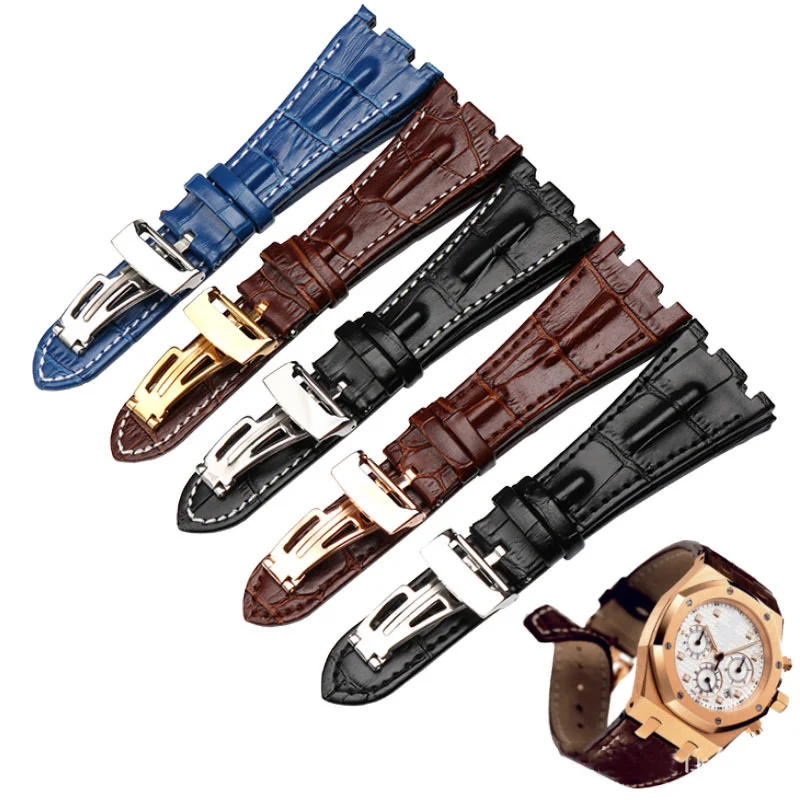 

Genuine Leather Bracelet Mens Sports Watch Strap Black Blue Brown Watchband White Stitched 28mm High Quality Watch Accessories