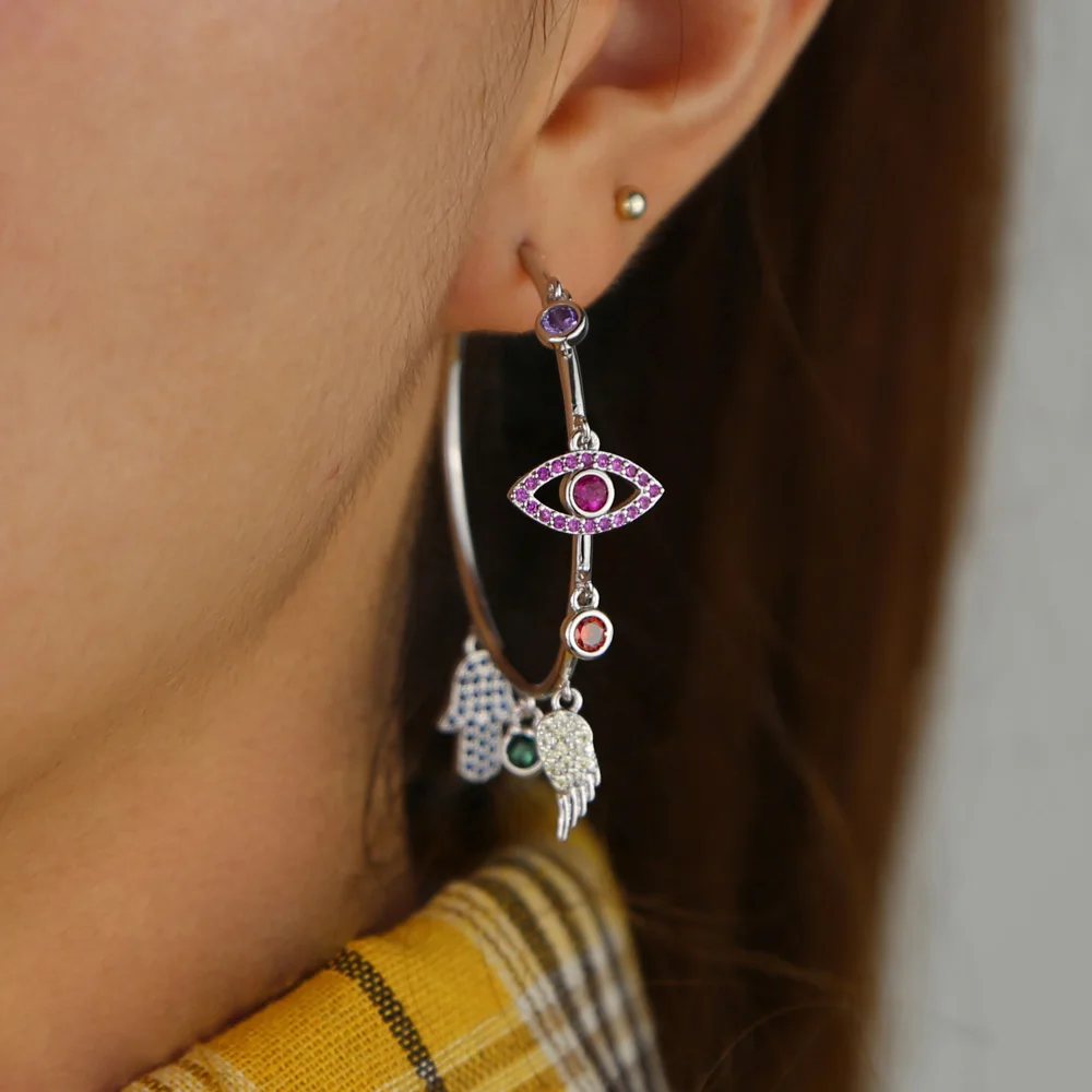 Evil eye wing fatima's hand Роскошные Потрясающие богемные европейские женские Серьги Красочный инкрустированный цирконами Подвески на удачу серьги-кольца
