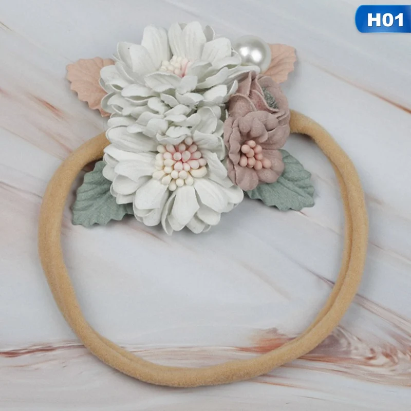 Модная детская лента для волос из нейлона с искусственным цветком эластичная