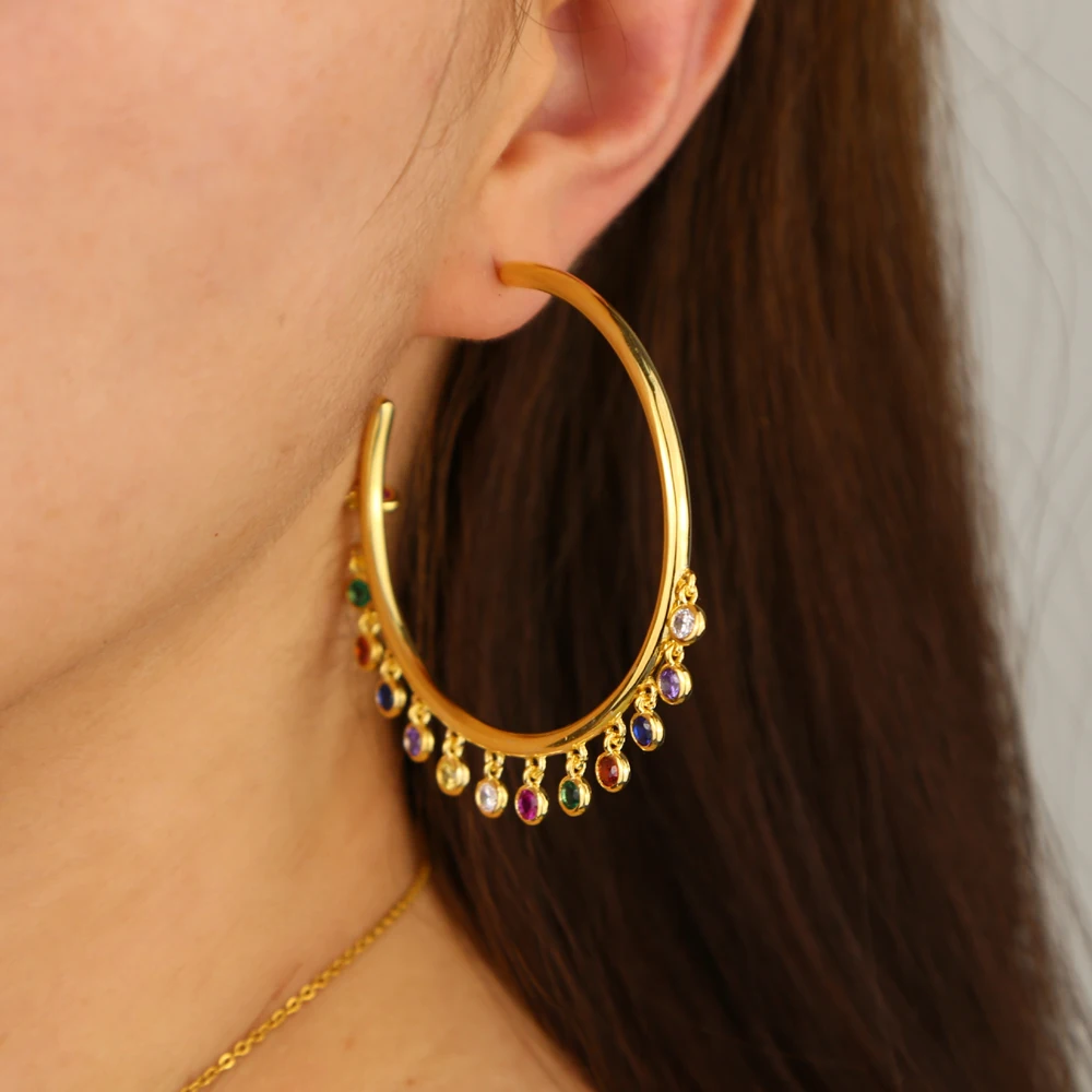 gold filled Multiple Round rainbow cz charm Earrings Jewelry gorgeous circle hoop Chandelier for Women fashion | Украшения и