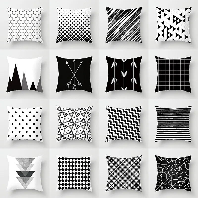 

Geometric Cushion Cover Black and White Polyester Throw Pillow Case Striped Dotted Grid Triangular Geometric Art Cushion Cover