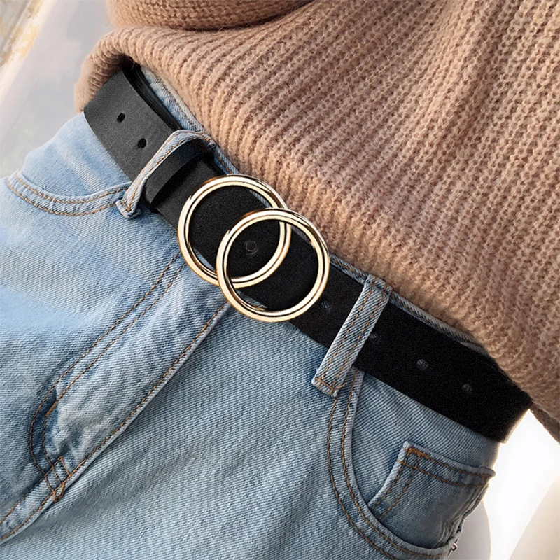 

2021 New Designer's Famous Brand Leatherhigh Quality Belt Fashion Alloy Double Ring Circle Buckle Girl Jeans Dress Wild Belts