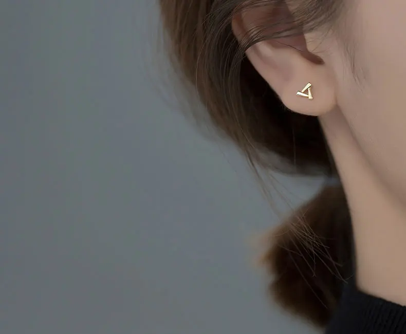 

925 Sterling Silver Golden Square Triangle Earrings Female Simple and Compact Sleep Without Picking Geometric Ear Jewelry