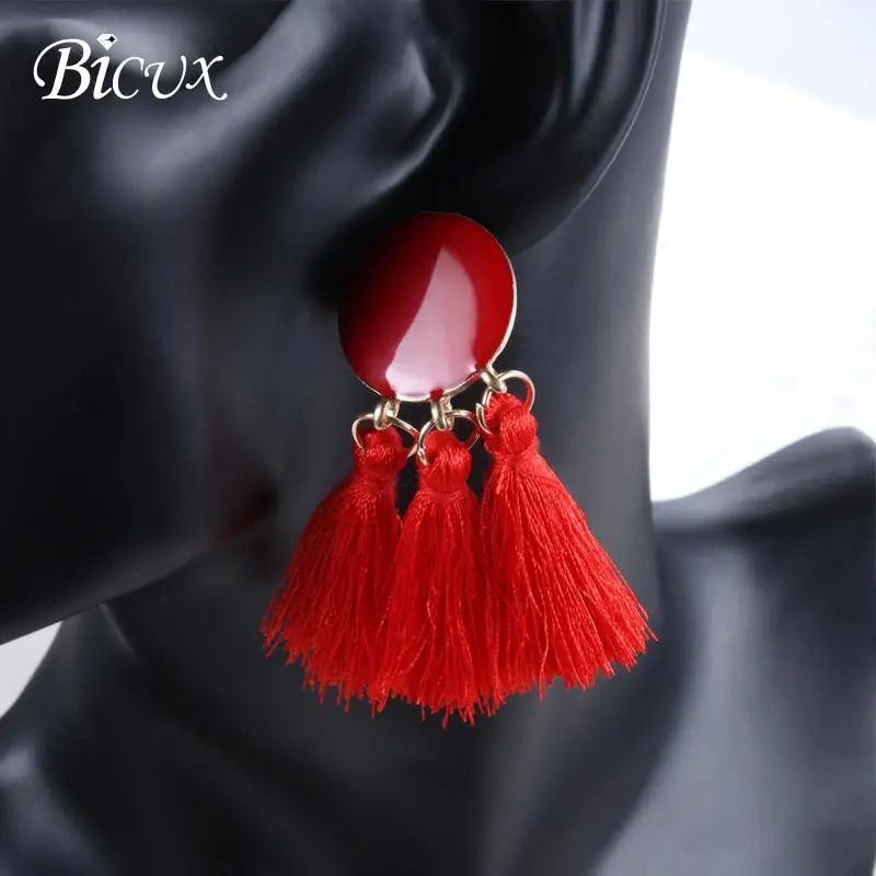 

BICUX Vintage Bohemian Ethnic Round Drop Earrings for Women Girl Decorations Fashion Long Tassel Color Cotton Earring Jewelry